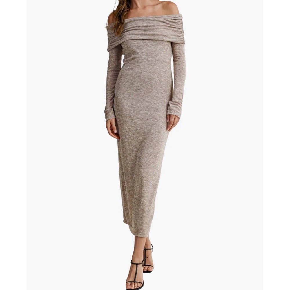 COA Beige Off-Shoulder Ribbed Long Sleeve Midi Dress Size Small